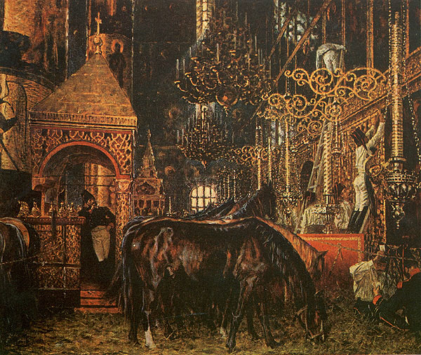 French Horses Stabled in a Russian Cathedral